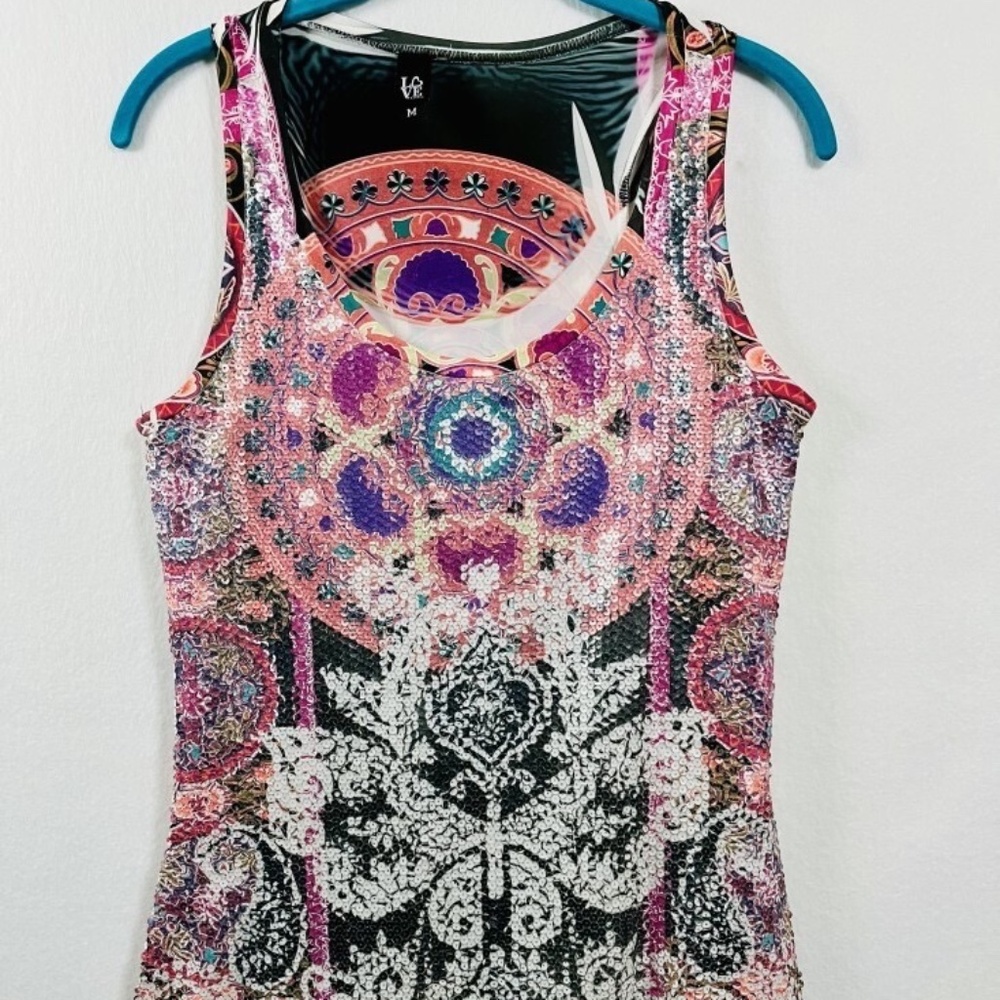 Love Tease Stunning Sequin Tank Tap Women's Medium Tattoo pattern EUC